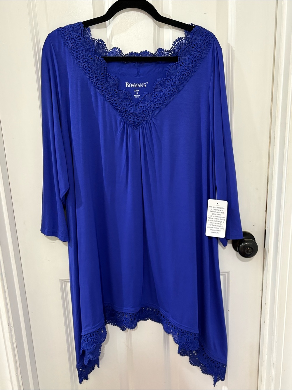 NWT Roaman’s 1X 22/24 Royal Blue Crochet Lace Tunic Top Plus Size Boho